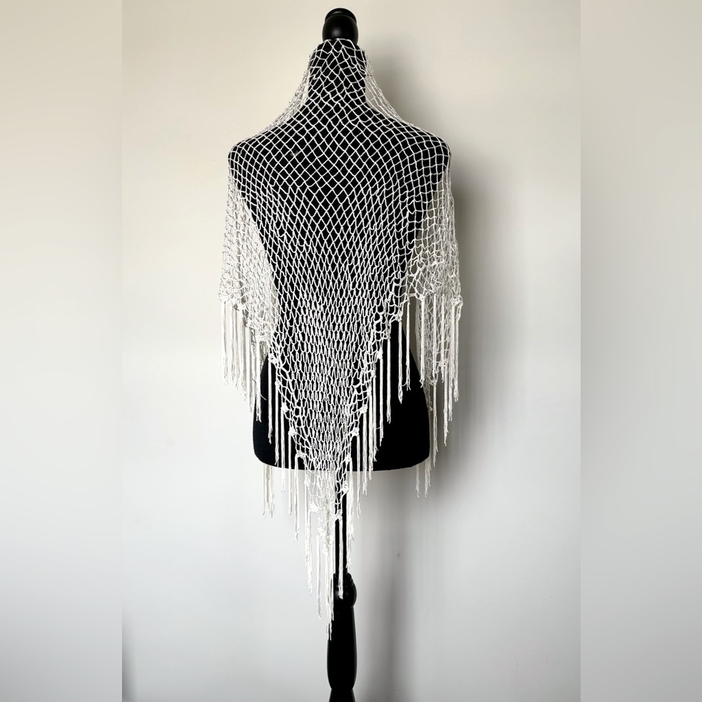 Knits Shawl, Beach Cover Up Handmade Crochet Lace White Ivory size M